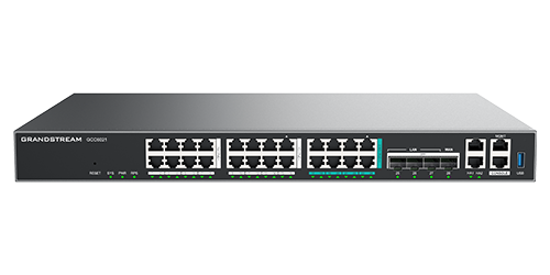 Grandstream GCC6021 Convergencia Datos, Voz y Video Todo en uno, Conmutador IP PBX Voz, Video y Colaboración Avanzada, 50 usuarios y 16 llamadas simultáneas máximo 1000 usuarios 60 llamadas simultaneas, Firewall avanzado con IA, Ruteador VPN de 10 Gbps, Switch 24 puertos de salida PoE, 16 puertos Gigabit, 8 puertos 2.5 Gigabit, Puertos configurables WAN/LAN, 4 Puertos SFP+, Multi WAN Balanceador de cargas o en caso de falla Failover, Controlador integrado de hasta 300 AP GWN, Hasta 1000 Clientes, QoS Inteligente integrado, Antivirus, VPN IPSec, 1 USB 3.0, Puerto Consola RJ45, Sesiones NAT 320K, Zero Config y Fast Provision, WAVE, UCMRC, Administración remota con GDMS ahora con NAT Penetration GCC6021 soporte hot standby de Alta Disponibilidad HA, 54 VDC 7.8 A 420 W - CASTelecom