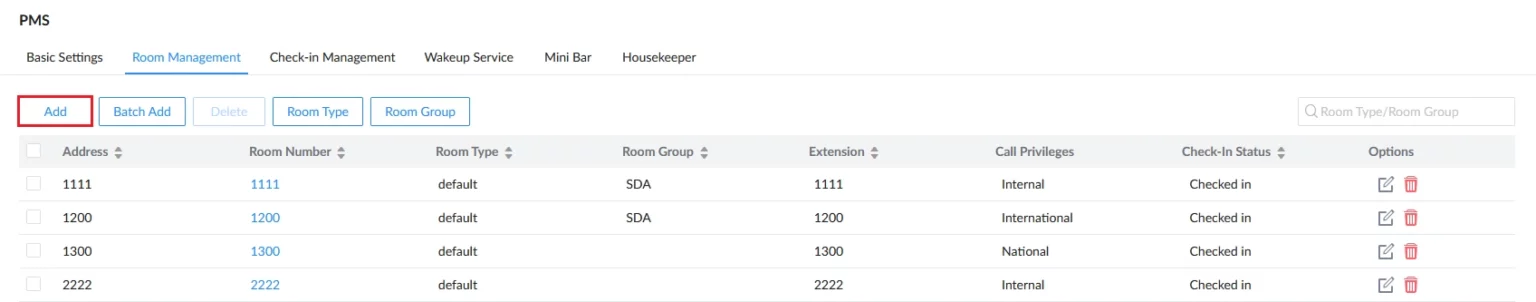 Grandstream Sistema de Gestión de Propiedad PMS Local Visual Integrado en los Conmutadores IP SIP Serie UCM para Sector Hoteles, Moteles, Resort, Cruceros, Hospitales - Añadir habitación individual CASTelecom