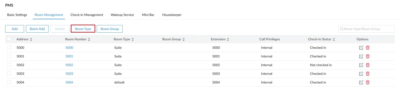Grandstream Sistema de Gestión de Propiedad PMS Local Visual Integrado en los Conmutadores IP SIP Serie UCM para Sector Hoteles, Moteles, Resort, Cruceros, Hospitales - Configuración del Tipo de habitación - CASTelecom