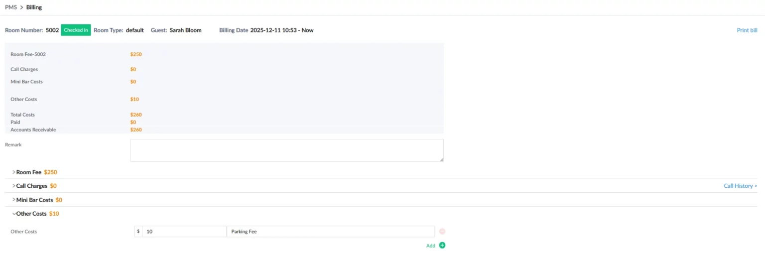 Grandstream Sistema de Gestión de Propiedad PMS Local Visual Integrado en los Conmutadores IP SIP Serie UCM para Sector Hoteles, Moteles, Resort, Cruceros, Hospitales - Página de configuración de facturación - CASTelecom