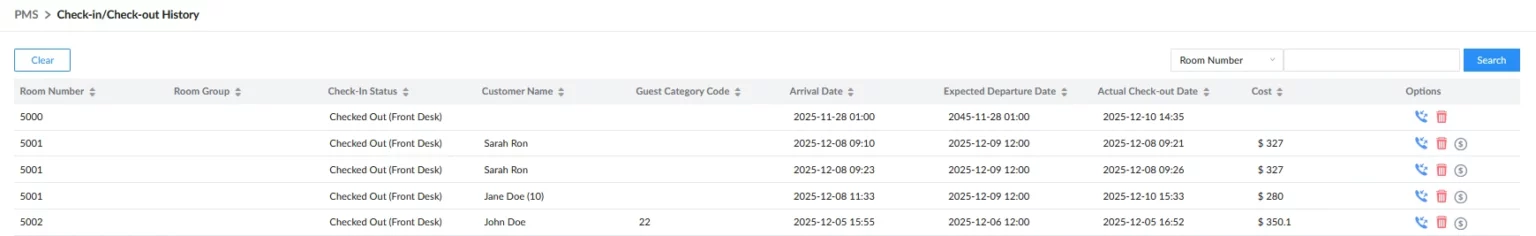 Grandstream Sistema de Gestión de Propiedad PMS Local Visual Integrado en los Conmutadores IP SIP Serie UCM para Sector Hoteles, Moteles, Resort, Cruceros, Hospitales - Página de historial de entrada Check-in y salida Check-out - CASTelecom