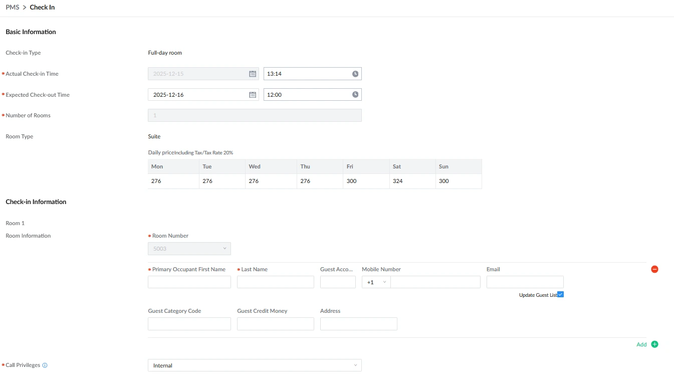 Grandstream Sistema de Gestión de Propiedad PMS Local Visual Integrado en los Conmutadores IP SIP Serie UCM para Sector Hoteles, Moteles, Resort, Cruceros, Hospitales - Parámetros de configuración del registro de entrada Check-in - CASTelecom