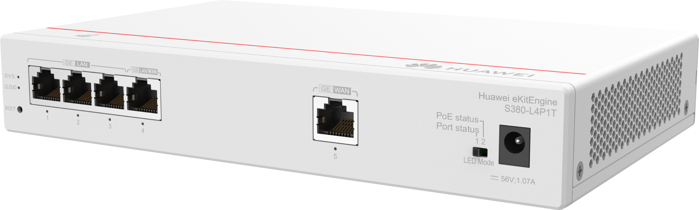 S380-L4P1T Gateway Huawei eKitEngine Gigabyte PoE, 150 Usuarios, 1 puerto WAN Gigabyte, 4 puertos LAN Gigabyte, Switching 8 Gbit/s, Ancho de banda Salida 1 Gbit/s, Controlador integrado 32 APs, Potencia de Salida 30 W, Potencia Máxima 50 W, 16 VLANs, Diseño Metálico sin ventilador, Adaptador 56 VCD 1.07 A. 3 Años de Garantía. - CASTelecom