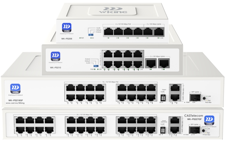 Equipos Serie WK-PS2 de Wiking una marca de Wi-Tek, Switch PoE No Administrable con Precio Optimizado para CCTV, VoIP y Switching desde 4 a 24 puertos - CASTelecom
