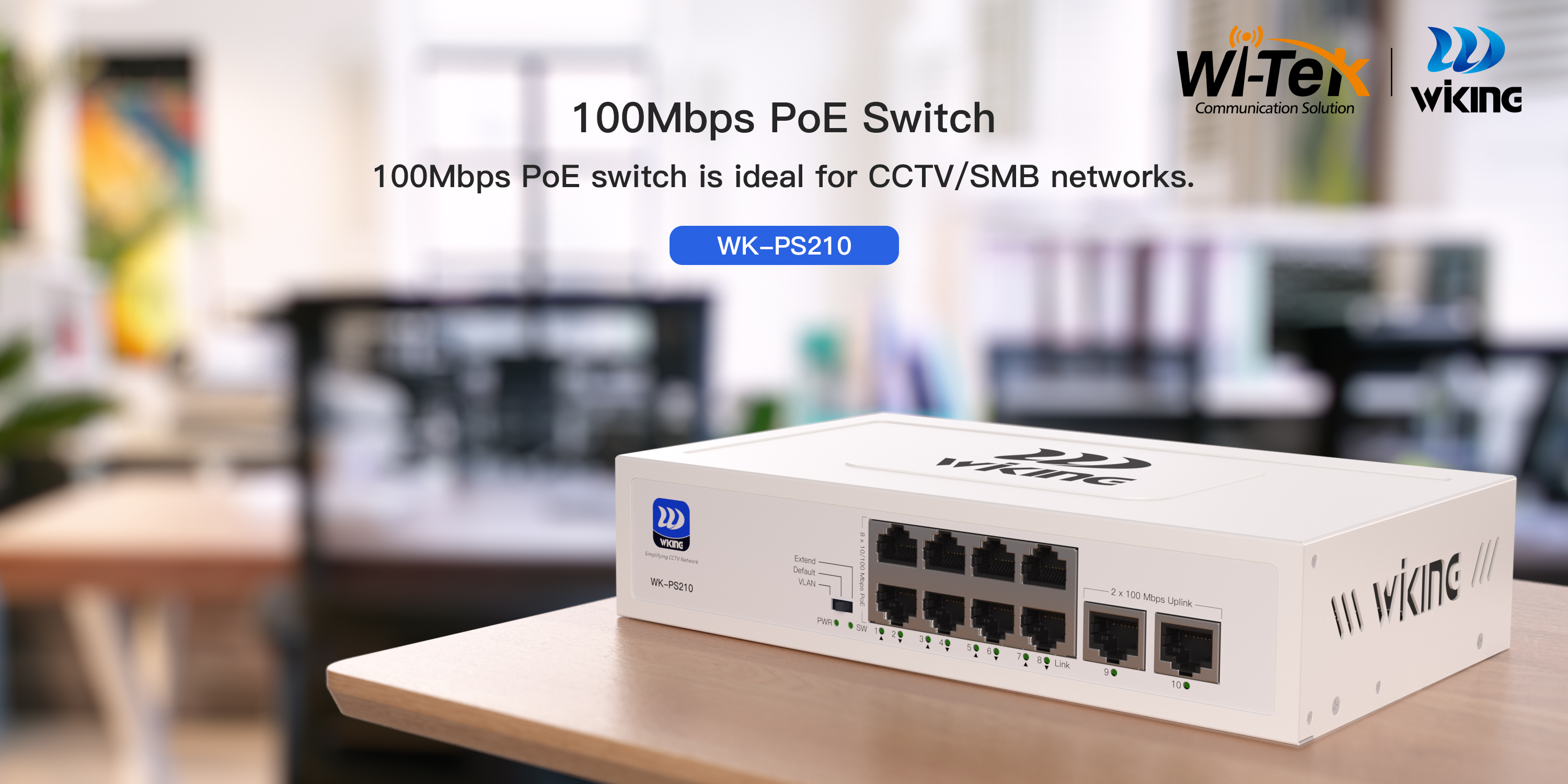 WK-PS210 Wiking Switch 8 Puertos PoE 10/100Mbps, 2 puertos uplink RJ45 10/100Mbps, No Administrable, Presupuesto 76W, Larga distancia hasta 250mts - CASTelecom