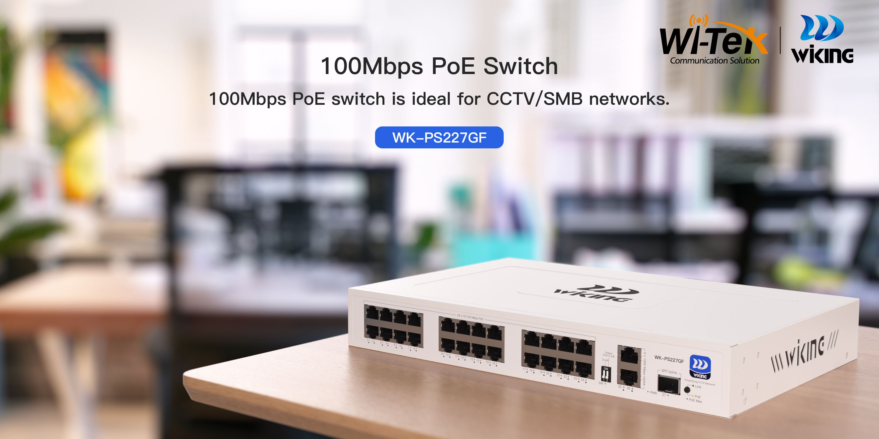 WK-PS227GF Wiking 24 Puertos PoE 10/100Mbps y 2 puertos uplink Gigabite RJ45 10/1000/1000Mbps 1 SFP 1000Mbps No Administrable Presupuesto de 270W Larga distancia hasta 250mts 1 Puerto Hi-PoE 60W - CASTelecom