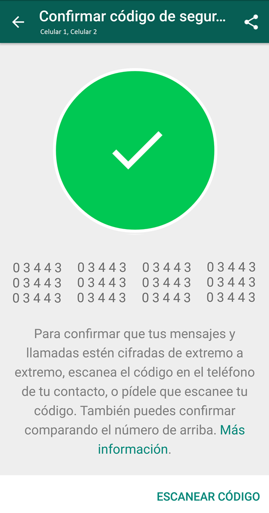 WhatsApp codigo escaneado de encriptación unico para emparejar ambos celulares de extremo a extremo